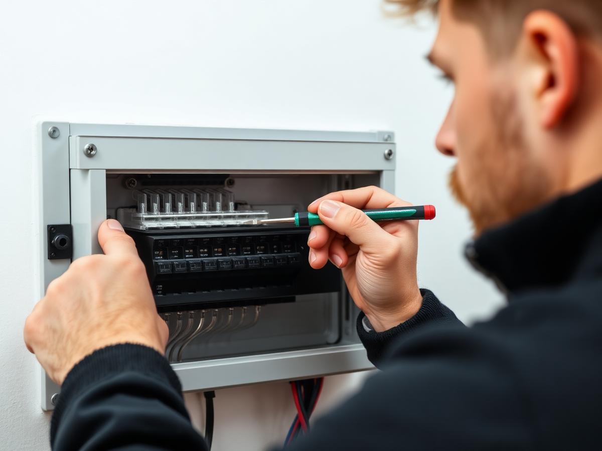 Electrician upgrading a consumer unit in Manchester